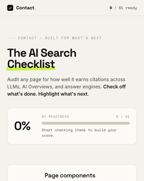 The interactive AI Search Checklist scrolling through its audit sections